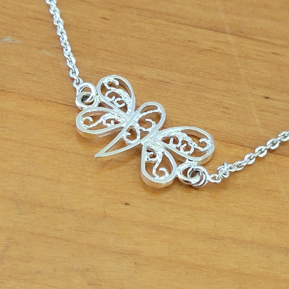 Vintage 925 Sterling Silver Italy MS Filigree Butterfly Necklace 16"